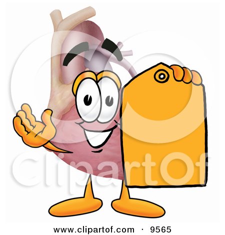 Clipart Picture of a Heart Organ Mascot Cartoon Character Holding a Yellow Sales Price Tag by Mascot Junction