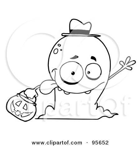 Royalty-Free (RF) Clipart Illustration of a Goofy Outlined Halloween Ghost Waving by Hit Toon