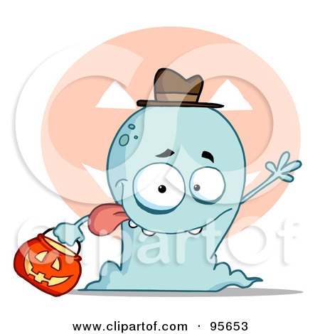 Royalty-Free (RF) Clipart Illustration of a Silly Blue Halloween Ghost Waving by Hit Toon
