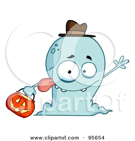 Royalty-Free (RF) Clipart Illustration of a Goofy Blue Halloween Ghost Waving by Hit Toon