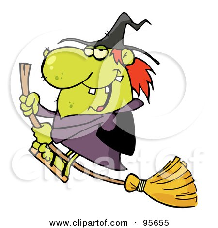 Royalty-Free (RF) Clipart Illustration of an Ugly Green Witch Swooping By On Her Broom by Hit Toon