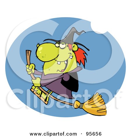 Royalty-Free (RF) Clipart Illustration of an Ugly Witch Swooping By On Her Broom by Hit Toon
