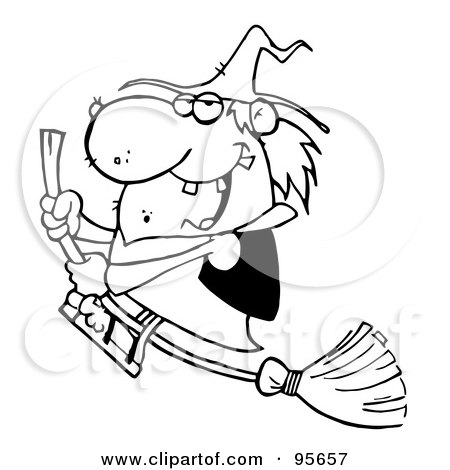 Royalty-Free (RF) Clipart Illustration of an Ugly Outlined Witch Swooping By On Her Broom by Hit Toon