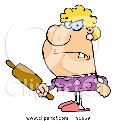Royalty-Free (RF) Clipart Illustration of a Mad Blond Housewife Holding A Rolling Pin by Hit Toon