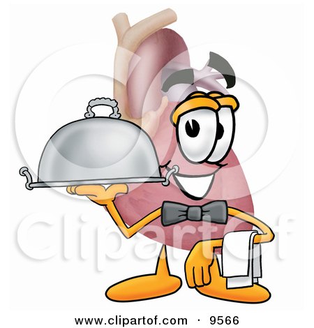 Clipart Picture of a Heart Organ Mascot Cartoon Character Dressed as a Waiter and Holding a Serving Platter by Mascot Junction