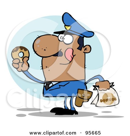Royalty-Free (RF) Clipart Illustration of a Hungry Hispanic Cop Licking His Lips And Holding A Donut by Hit Toon