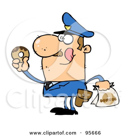 Royalty-Free (RF) Clipart Illustration of a Hungry White Cop Licking His Lips And Holding A Donut by Hit Toon