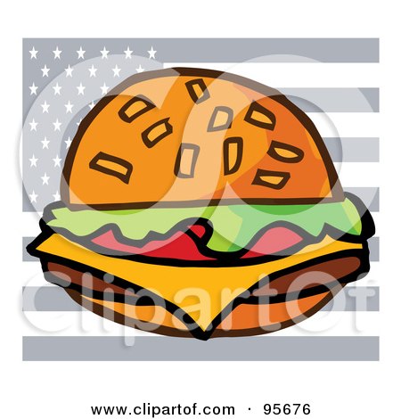 Royalty-Free (RF) Clipart Illustration of a Gray American Flag Behind A Cheeseburger by Hit Toon