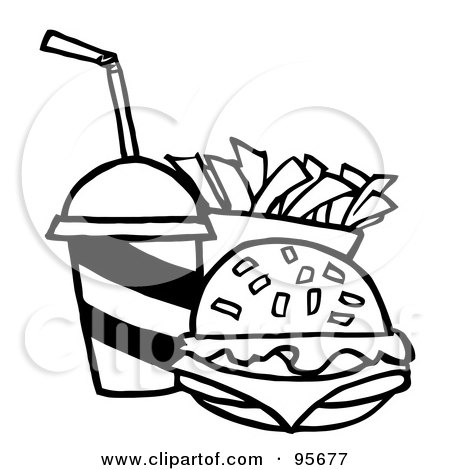 Royalty-Free (RF) Clipart Illustration of an Outlined Cheeseburger With Cola And French Fries- 1 by Hit Toon