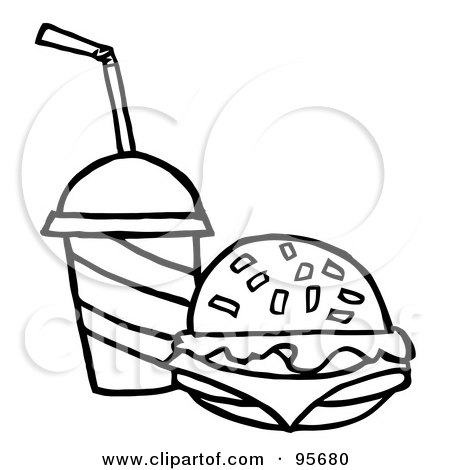 Royalty-Free (RF) Clipart Illustration of an Outlined Cheeseburger Served With Cola by Hit Toon