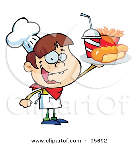 Royalty-Free (RF) Clipart Illustration of a Caucasian Chef Boy Carrying A Hot Dog, French Fries And Cola by Hit Toon