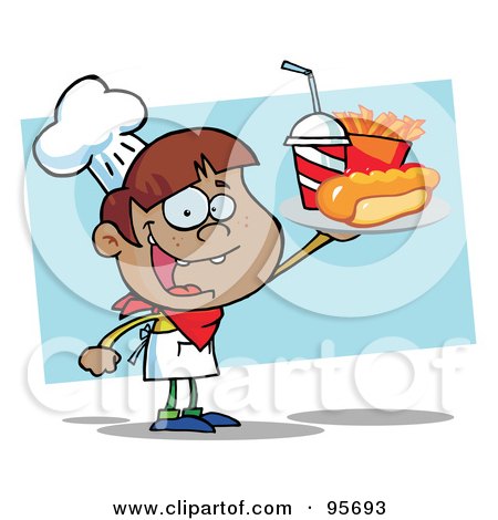 Royalty-Free (RF) Clipart Illustration of a Hispanic Chef Boy Carrying A Hot Dog, French Fries And Cola by Hit Toon