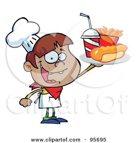 Royalty-Free (RF) Clipart Illustration of an African American Chef Boy Carrying A Hot Dog, French Fries And Cola by Hit Toon
