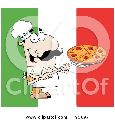 Royalty-Free (RF) Clipart Illustration of a Happy Caucasian Chef Carrying A Pizza Pie Over A Flag by Hit Toon