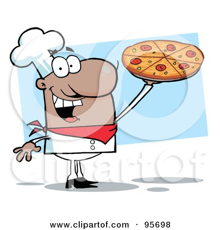 Royalty-Free (RF) Clipart Illustration of a Happy African American Chef Presenting His Pizza Pie by Hit Toon