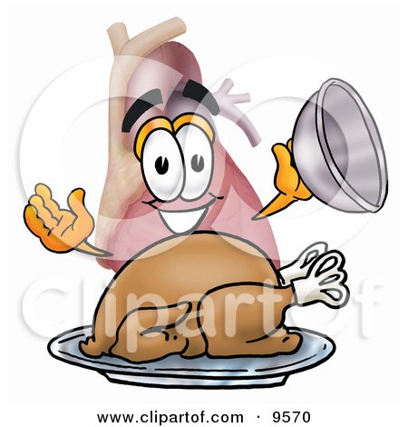 Clipart Picture of a Heart Organ Mascot Cartoon Character Serving a Thanksgiving Turkey on a Platter by Mascot Junction