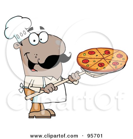 Royalty-Free (RF) Clipart Illustration of a Happy African American Chef Carrying A Pizza Pie On A Stove Shovel by Hit Toon