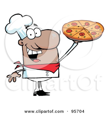 Royalty-Free (RF) Clipart Illustration of a Happy Hispanic Chef Presenting His Pizza Pie by Hit Toon