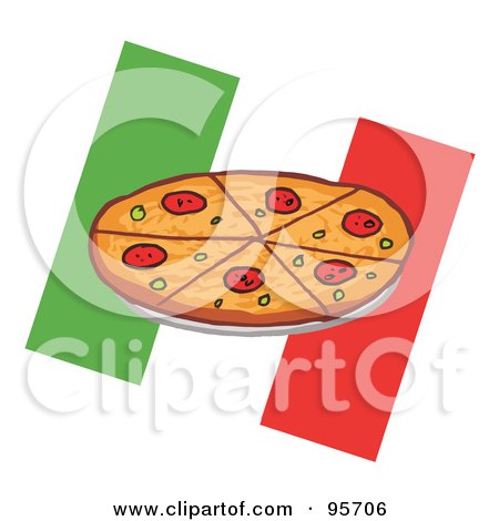 Royalty-Free (RF) Clipart Illustration of a Pepperoni Pizza Pie Over An Italian Flag - 2 by Hit Toon