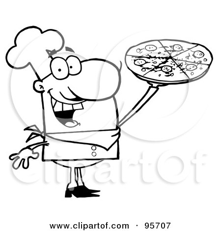 Royalty-Free (RF) Clipart Illustration of an Outlined Chef Presenting His Pizza Pie by Hit Toon