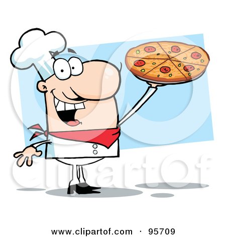 Royalty-Free (RF) Clipart Illustration of a Happy Caucasian Chef Presenting His Pizza Pie - 2 by Hit Toon