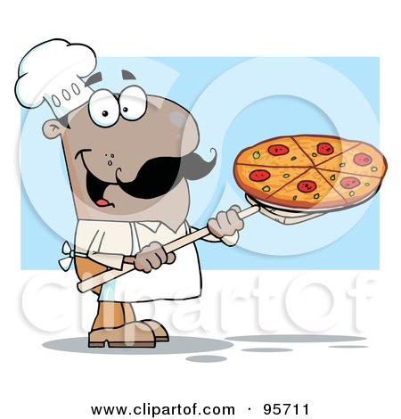 Royalty-Free (RF) Clipart Illustration of a Happy Hispanic Chef Carrying A Pizza Pie On A Stove Shovel by Hit Toon