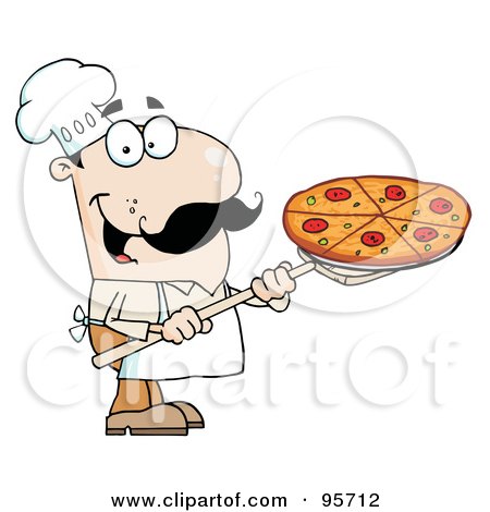 Royalty-Free (RF) Clipart Illustration of a Happy Caucasian Chef Carrying A Pizza Pie On A Stove Shovel by Hit Toon