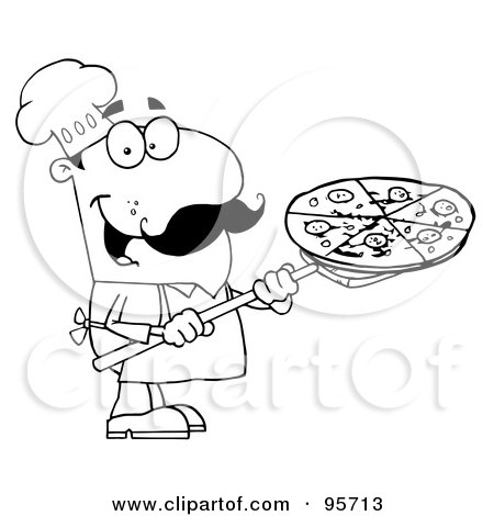 Royalty-Free (RF) Clipart Illustration of a Happy Outlined Chef Carrying A Pizza Pie On A Stove Shovel by Hit Toon