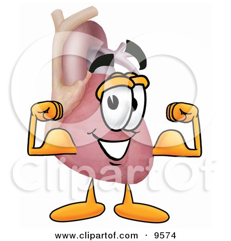 Clipart Picture of a Heart Organ Mascot Cartoon Character Flexing His Arm Muscles by Mascot Junction