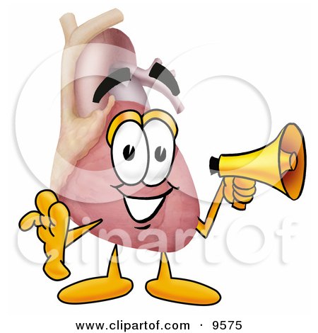 Clipart Picture of a Heart Organ Mascot Cartoon Character Holding a Megaphone by Mascot Junction