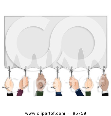 Royalty-Free (RF) Clipart Illustration of a Group Of Hands Pulling Down A Blank Banner by BNP Design Studio