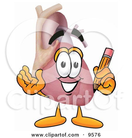 Clipart Picture of a Heart Organ Mascot Cartoon Character Holding a Pencil by Mascot Junction