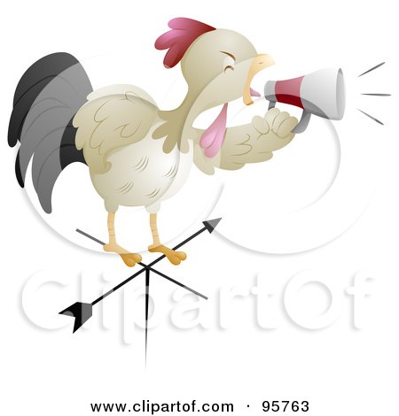 Royalty-Free (RF) Clipart Illustration of a Rooster Shouting Through A Megaphone On Top Of A Weather Vane by BNP Design Studio