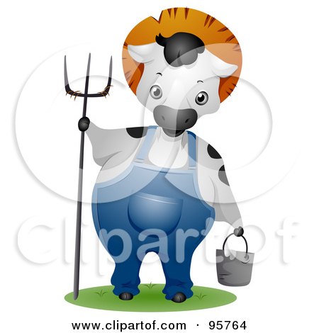 Royalty-Free (RF) Clipart Illustration of a Farmer Cow Wearing Overalls And Holding A Pitchfork And Pail by BNP Design Studio