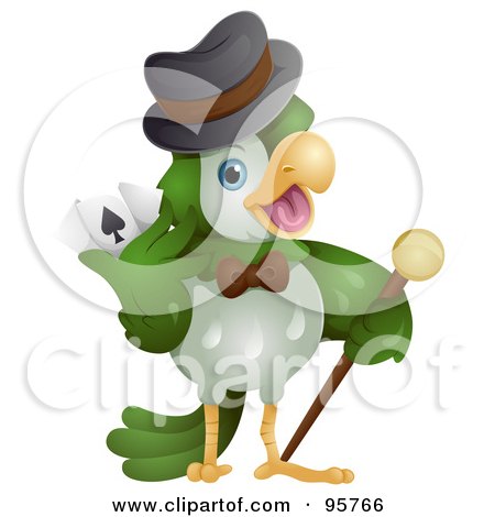 Royalty-Free (RF) Clipart Illustration of a Green Parrot Holding A Cane And Playing Cards by BNP Design Studio
