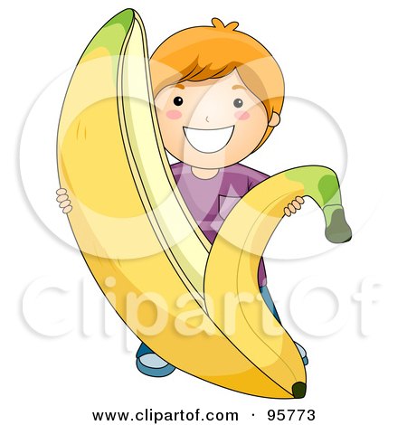 Royalty-Free (RF) Clipart Illustration of a Cute Caucasian Boy Peeling A Giant Banana by BNP Design Studio