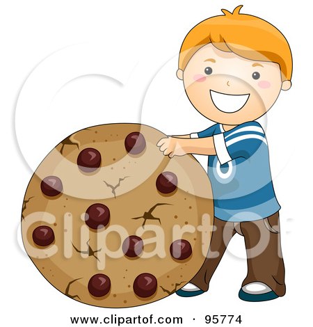 Royalty-Free (RF) Clipart Illustration of a Cute Caucasian Boy Rolling A Giant Chocolate Chip Cookie by BNP Design Studio