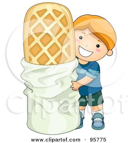 Royalty-Free (RF) Clipart Illustration of a Cute Caucasian Boy Standing By A Giant Waffle by BNP Design Studio
