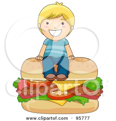 Royalty-Free (RF) Clipart Illustration of a Cute Caucasian Boy Sitting On Top Of A Giant Cheeseburger by BNP Design Studio