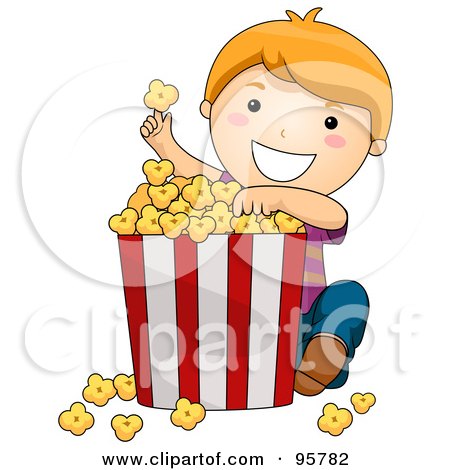 Royalty-Free (RF) Clipart Illustration of a Cute Little Girl Eating A Giant Bucket Of Popcorn by BNP Design Studio