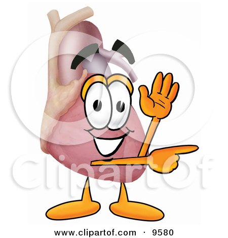 Clipart Picture of a Heart Organ Mascot Cartoon Character Waving and Pointing by Mascot Junction