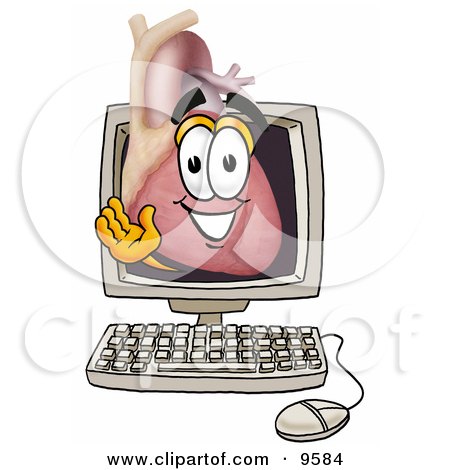 Clipart Picture of a Heart Mascot Cartoon Character Waving From Inside a Computer Screen by Mascot Junction
