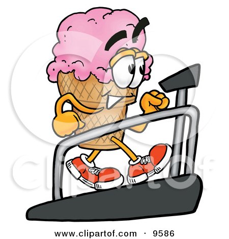Clipart Picture of an Ice Cream Cone Mascot Cartoon Character Walking on a Treadmill in a Fitness Gym by Mascot Junction