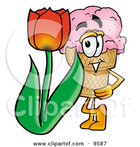 Clipart Picture of an Ice Cream Cone Mascot Cartoon Character With a Red Tulip Flower in the Spring by Mascot Junction