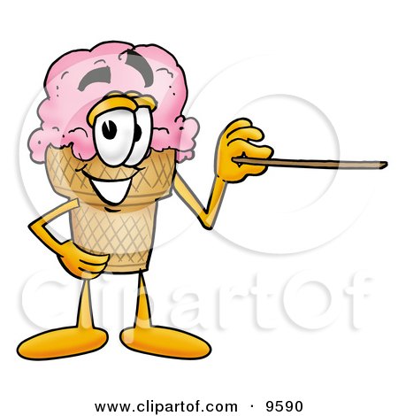Clipart Picture of an Ice Cream Cone Mascot Cartoon Character Holding a Pointer Stick by Mascot Junction