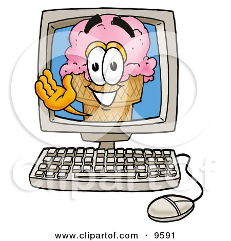 Clipart Picture of an Ice Cream Cone Mascot Cartoon Character Waving From Inside a Computer Screen by Mascot Junction
