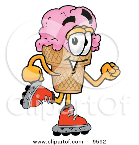 Clipart Picture of an Ice Cream Cone Mascot Cartoon Character Roller Blading on Inline Skates by Mascot Junction