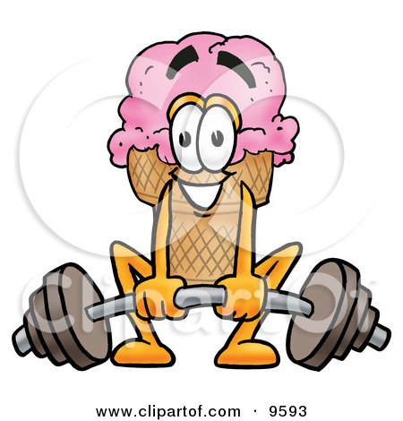 Clipart Picture of an Ice Cream Cone Mascot Cartoon Character Lifting a Heavy Barbell by Mascot Junction