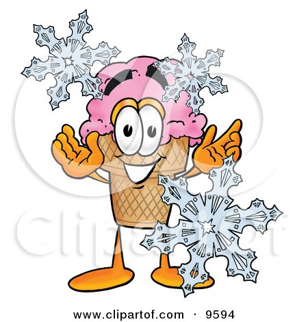 Clipart Picture of an Ice Cream Cone Mascot Cartoon Character With Three Snowflakes in Winter by Mascot Junction