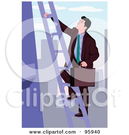 Royalty-Free (RF) Clipart Illustration of a Corporate Business Man Climbing A City Ladder by mayawizard101
